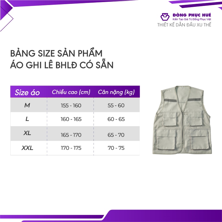 bảng size áo gile đồng phục có sẵn