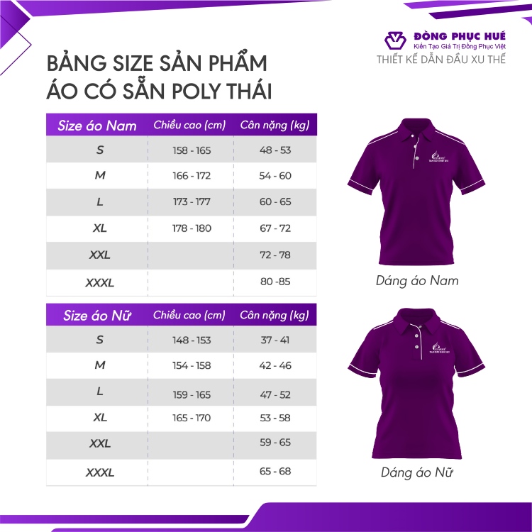 bảng size áo thun poly đồng phục có sẵn